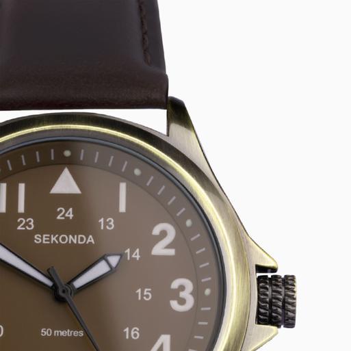 Sekonda Altitude Men's Watch | Bronze Case & Brown Leather Strap with Black Dial | 30034